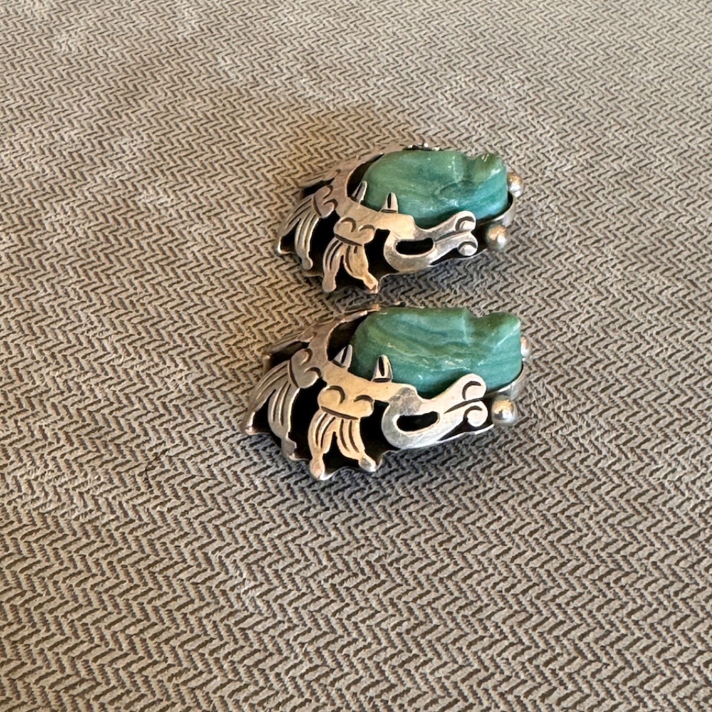 Vintage Sterling Silver Taxco Mexico Carved Mask Face Green Onyx Earrings TV-21 - Picture 7 of 7